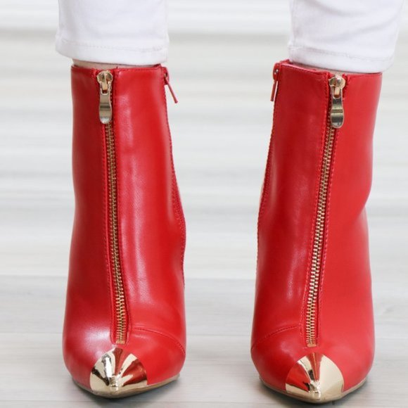 Ankle Red Boots Faux Leather Gold Pointy Toe - Picture 12 of 14